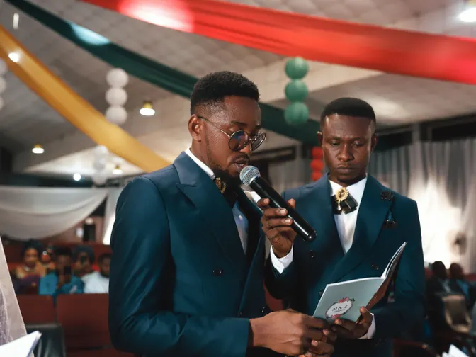 Two men in navy suits at a wedding reception, one speaking into a microphone while reading from a folded card held by the other.