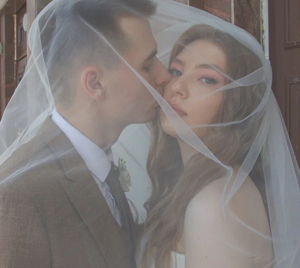 A bride and groom sharing a kiss beneath her veil